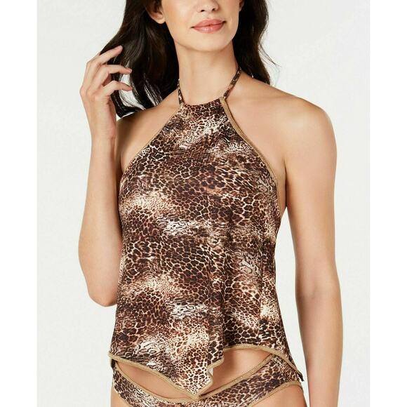BECCA Other - BECCA Purfection Animal Print Brown High Neck Swim Halter Tankini Top Medium NWT